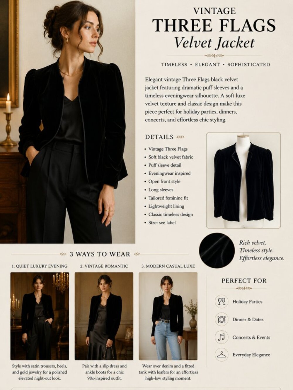 Womens Vintage Back Velvet Jacket Puff Sleeve Evening Blazer Chic Whimsygoth